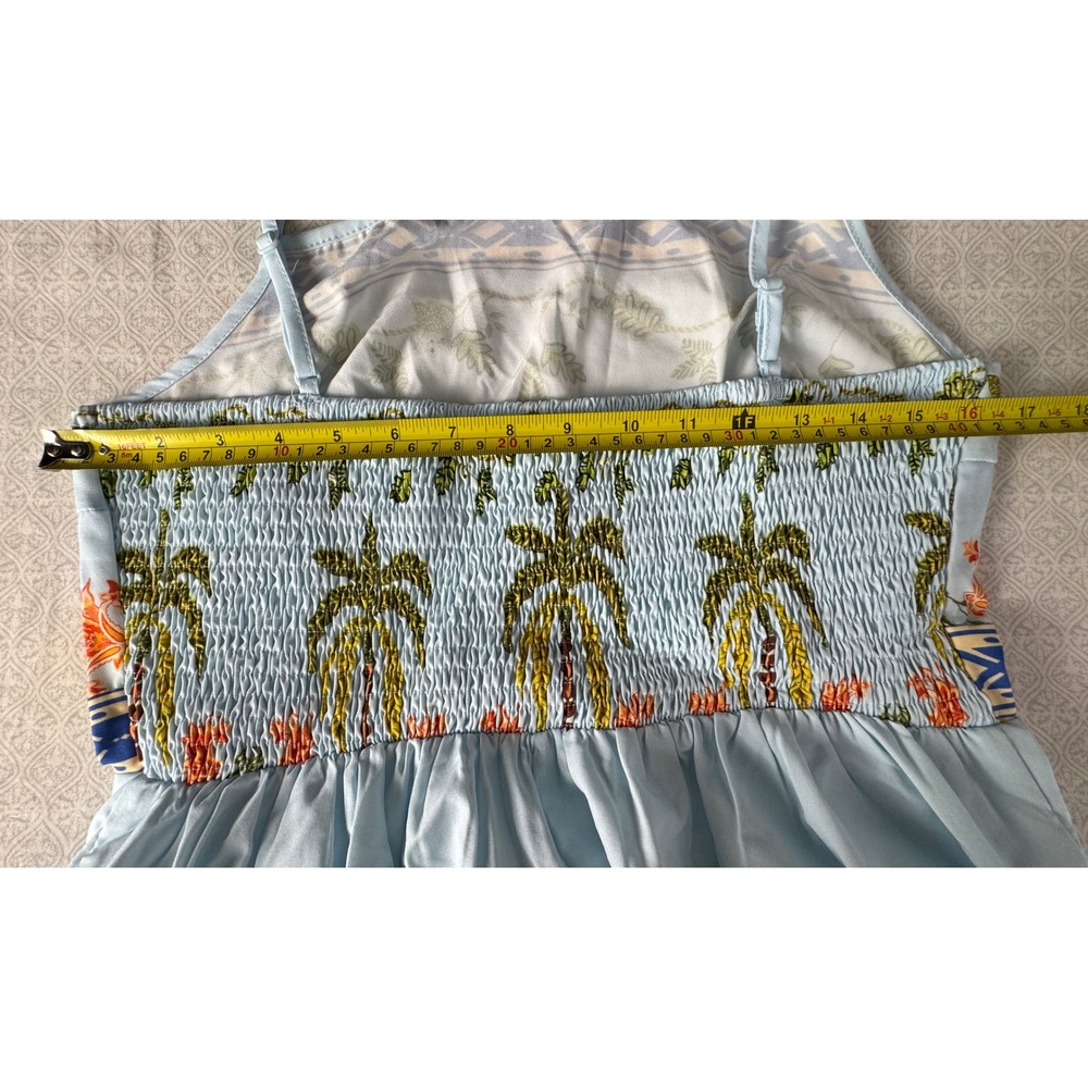 Tropical Palm Tree Villa Print Wide Leg Jumpsuit Blue Large Summer Boho - Picture 6 of 8